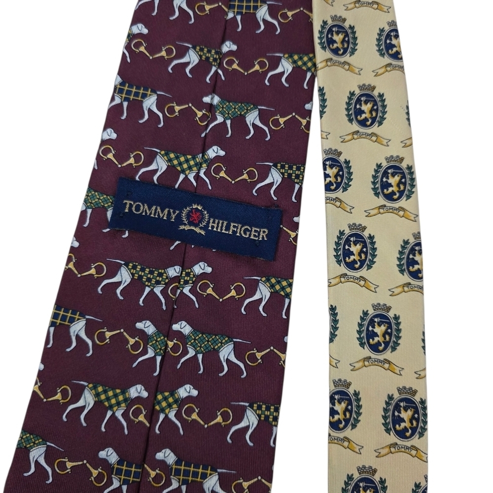 Vtg 90s Tommy Hilfiger Silk Tie Burgundy Hunting Dog Equestrian Crest USA Made